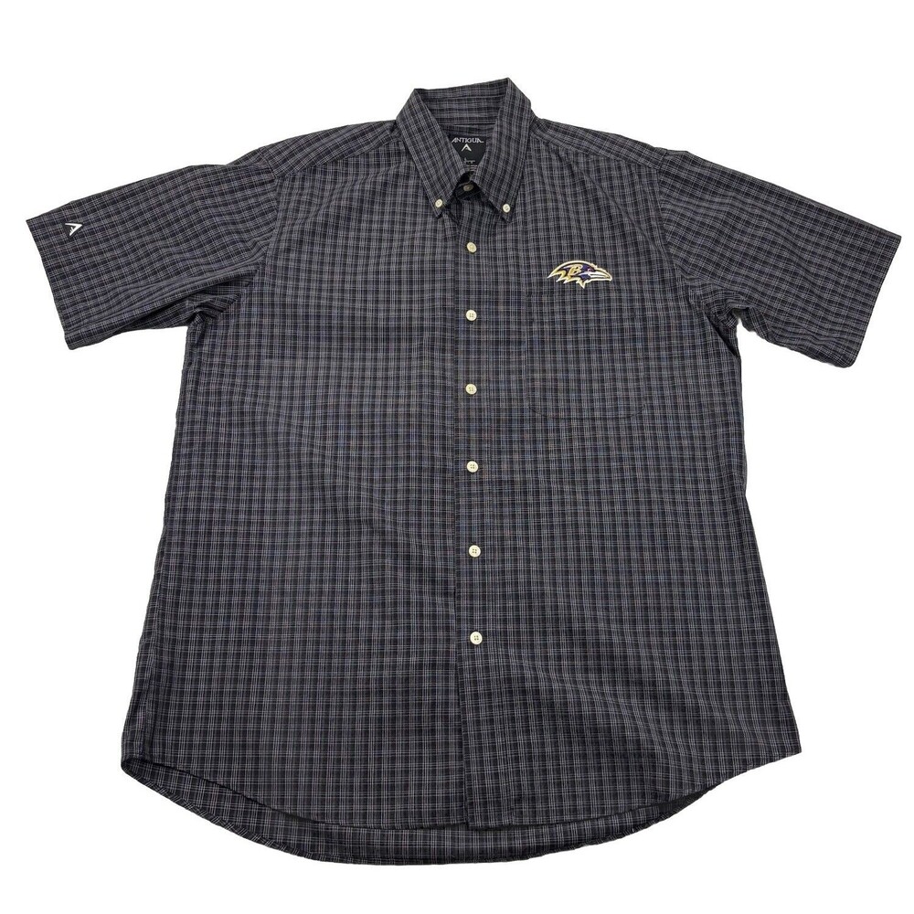 Baltimore Ravens Button Up Shirt Mens L Gray Plaid Short Sleeve Button Collar